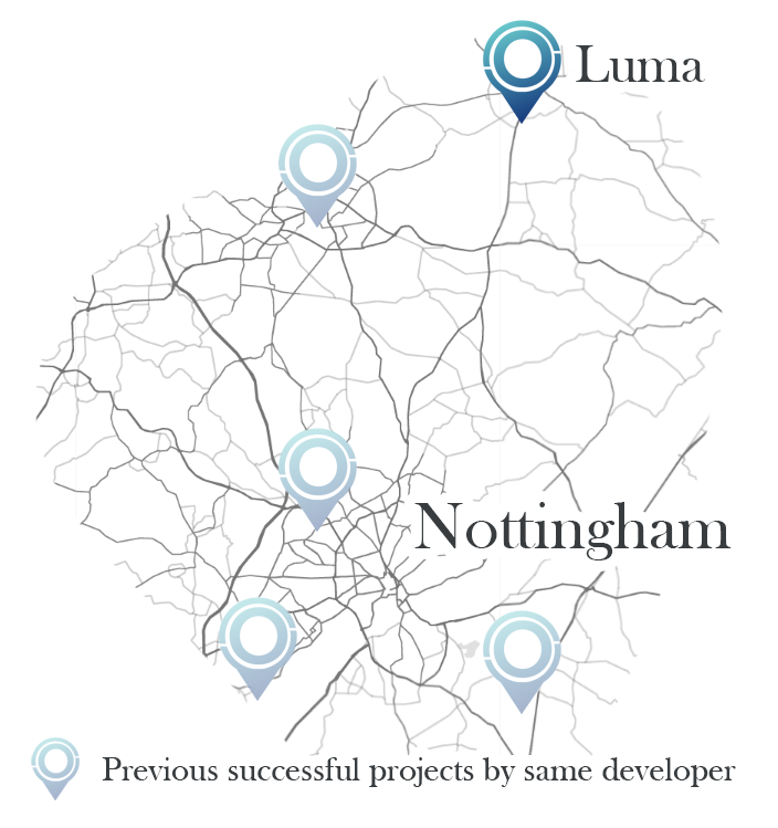 A map with a white background and black roads shows the proximity of the Luma development and other completed developments by the same developer in the area. The description key beneath shows this and the other development markers are blue too but have some opacity to tell them apart.
